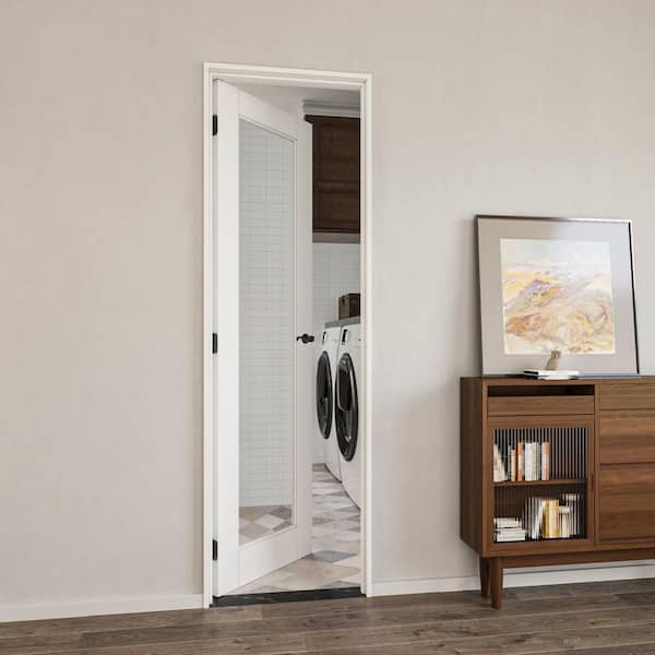 24 in. x 80 in. 1-Lite Mirrored Glass Left Handed White Solid Core MDF Door Kit with Quick Assemble Jamb