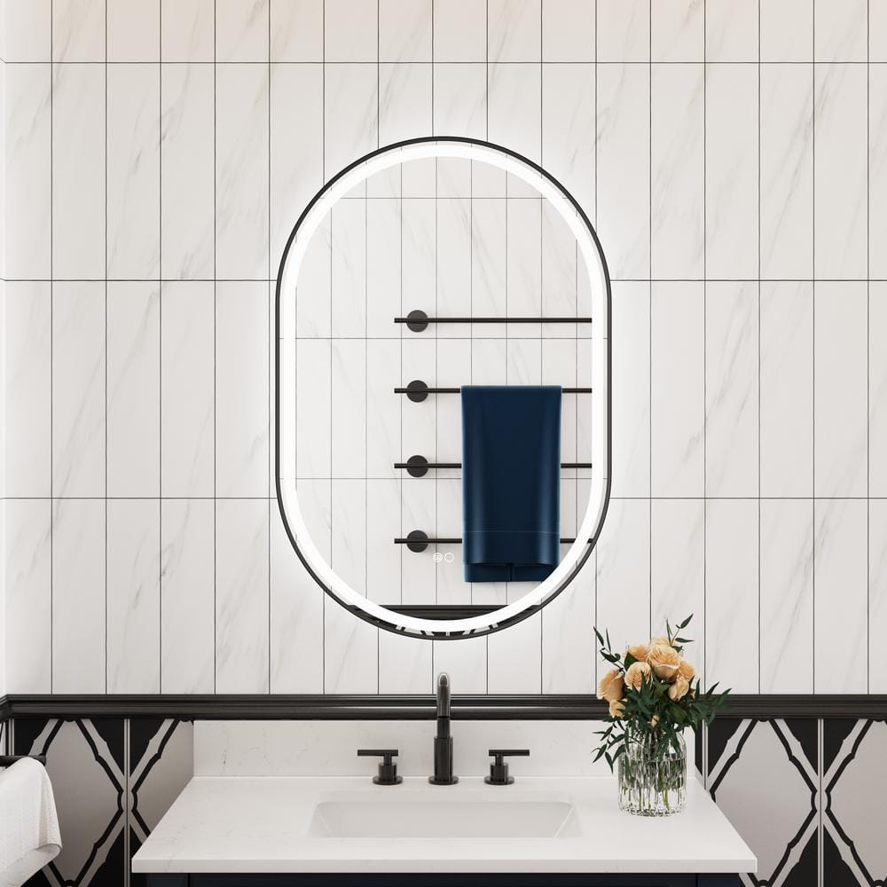 HELIO 24 in. W x 36 in. H Oval Framed LED Dimmable Anti-Fog Wall Bathroom Vanity Mirror in Matte Black price history on PriceWatchPro