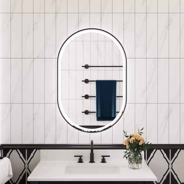 HELIO 24 in. W x 36 in. H Oval Framed LED Dimmable Anti-Fog Wall Bathroom Vanity Mirror in Matte Black