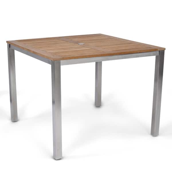 HOMESTYLES Aruba Silver Stainless Steel & Solid Wood Teak Square Outdoor Dining Table