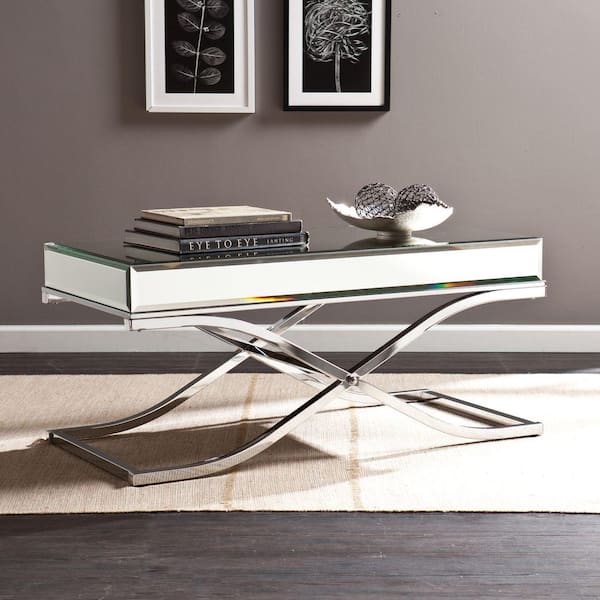 New Mirrored Coffee Cocktail Table Silver Finish Accent Table With 2 Drawers 