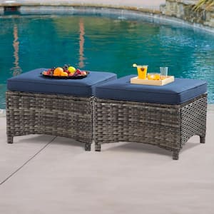 Wicker Outdoor Patio Ottoman with Blue Cushions (Set of 2)