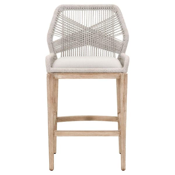 Benjara 44.5 in. White and Brown Low Back Metal Frame Fabric Upholstered Bar Stool with Knitted Rope Covered Backrest
