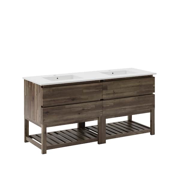 Fresca Formosa 72 in. Double Sink Freestanding Open Bottom Acacia Bath Vanity with White Quartz Top and Undermount Ceramic Sink