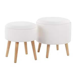 Tray Storage Cream Fabric and Natural Wood Ottoman with Matching Stool
