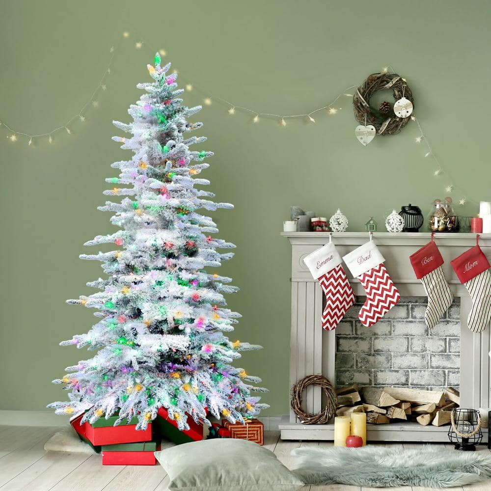 7.5-Ft Flocked Pine Artificial Christmas Tree with Multicolor LED Lights