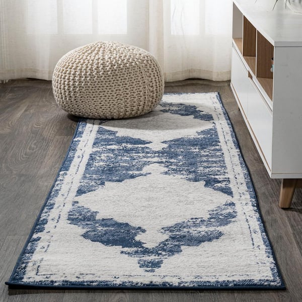 JONATHAN Y Alhambra Ornate Ivory/Navy 2 ft. x 8 ft. Medallion Modern Runner Rug