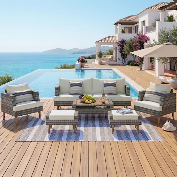 Gray 6-Pieces Wicker Outdoor Sectional Set with Beige Cushions, Table Cover and 4 Pillows