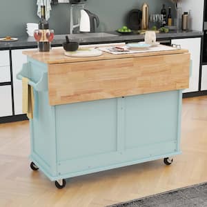 Mint Green Rubber Wood Flodable Drop-Leaf Countertop 52.2 in. W Kitchen Island with Concealed Sliding Barn Door, Drawers