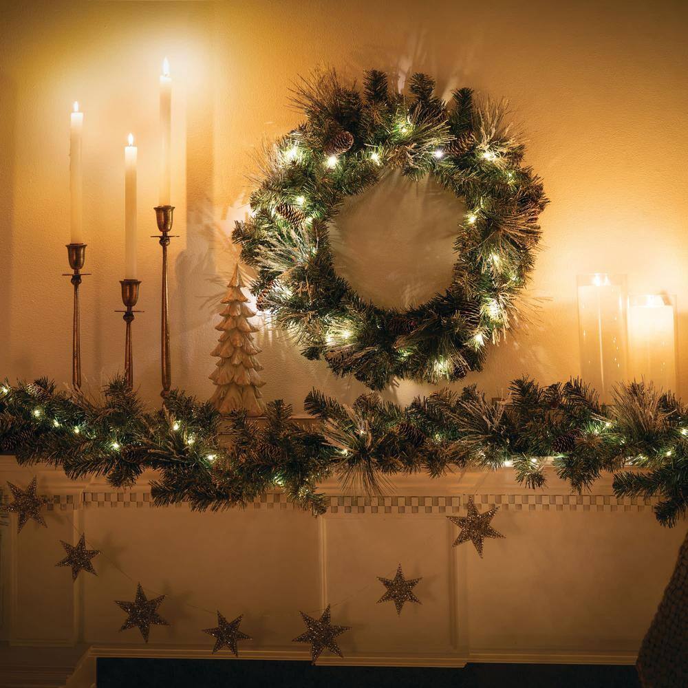 9-Foot Pre-lit Flocked Pine Christmas Garland with Pinecones and Gold Accents