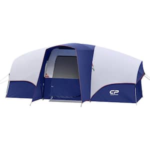 9 ft. x 14 ft. 8-Person Blue Camping Tent with Porch, 5-Large Mesh Windows, Double Layer, Divided Curtain and Carry Bag