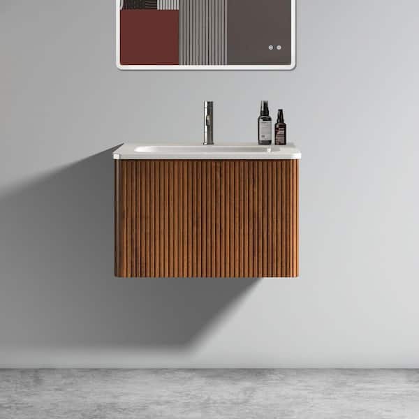 24 in. Striped Walnut Wall Mounted Floating Bathroom Vanity with White Ceramic Sink