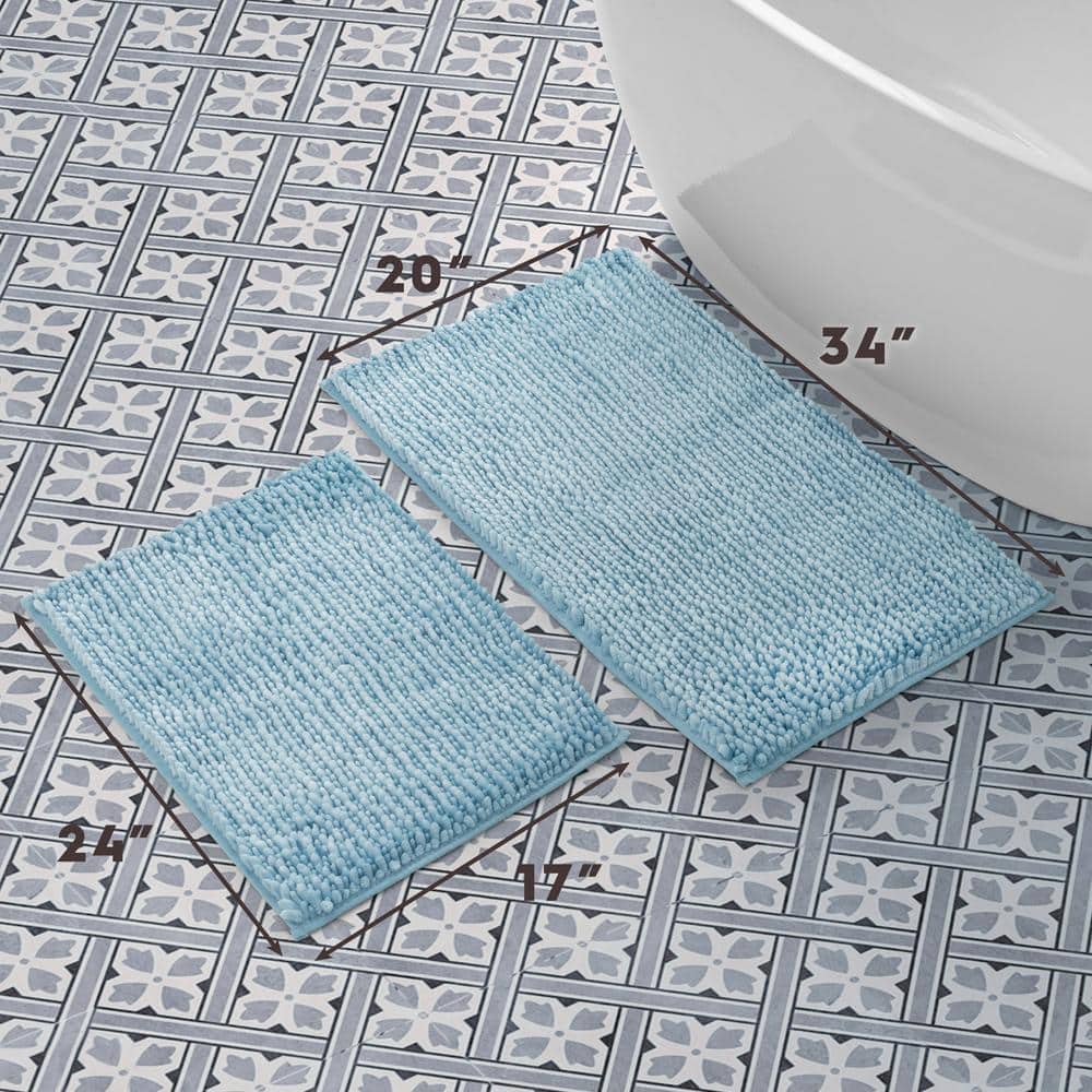 Aqua Blue Chenille Non-Slip 2-Piece Bath Rug Set