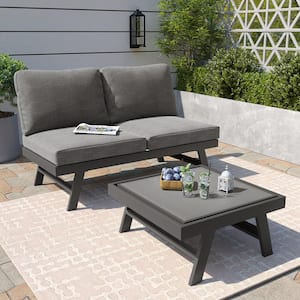 Leisure Black 2 of Pieces Aluminum Outdoor Couch with Polyester Gray Cushions