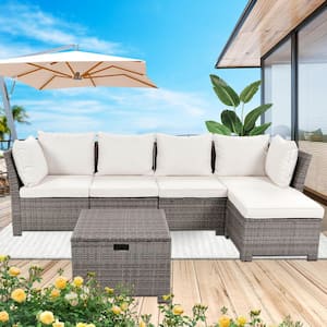 6-Piece PE Hand-Woven Rattan Wicker Patio Outdoor Sectional Sofa Conversation Set with Beige Cushions for Backyard