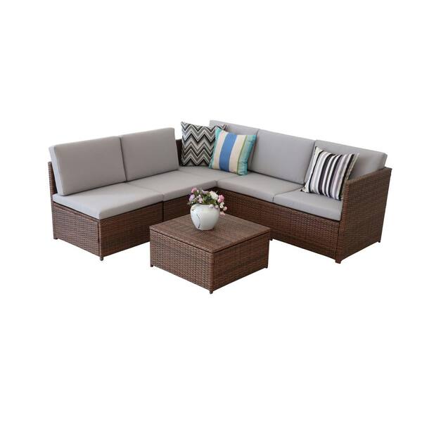 Boyel Living Brown 4-Piece PE Wicker Outdoor Patio Sectional Sofa with Gray Cushions and Coffee table