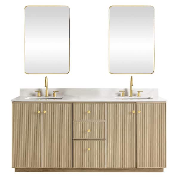 ROSWELL Oza 72 in. W x 22 in. D x 33.9 in. H Double Sink Bath Vanity in Natural Oak White Quartz Stone Top Mirror