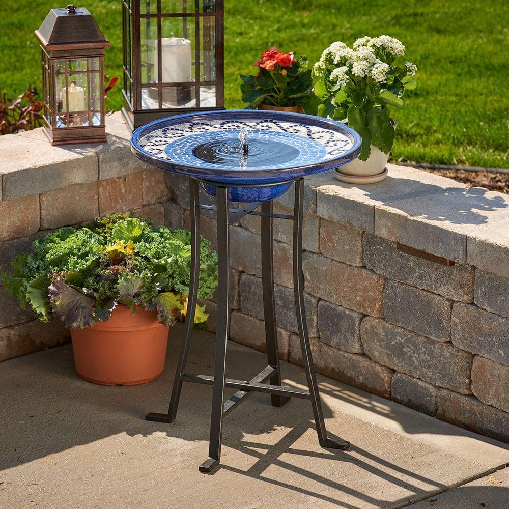 Ravenna Blue Mosaic Ceramic Solar Birdbath with Steel Frame