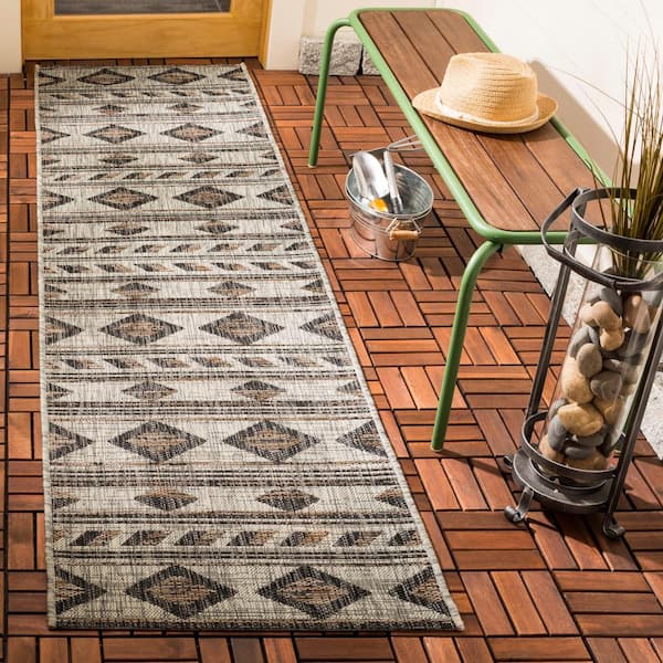 Courtyard Gray/Black 2 ft. x 18 ft. Striped Diamond Geometric Indoor/Outdoor Runner Rug