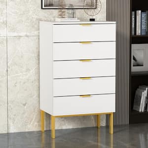 5-Drawer White Wood Dresser Chest of Drawer Storage Cabinet Organizer W/Metal Leg