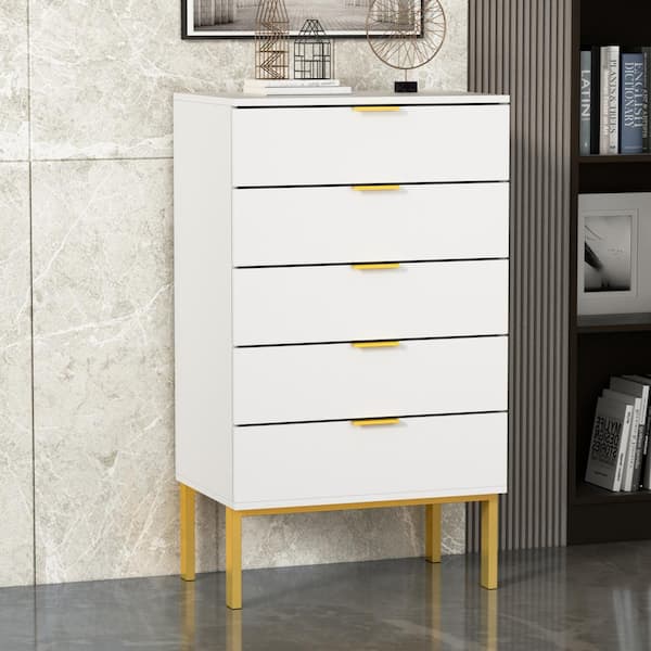 FUFU&GAGA 5-Drawer White Wood Dresser Chest of Drawer Storage Cabinet Organizer W/Metal Leg