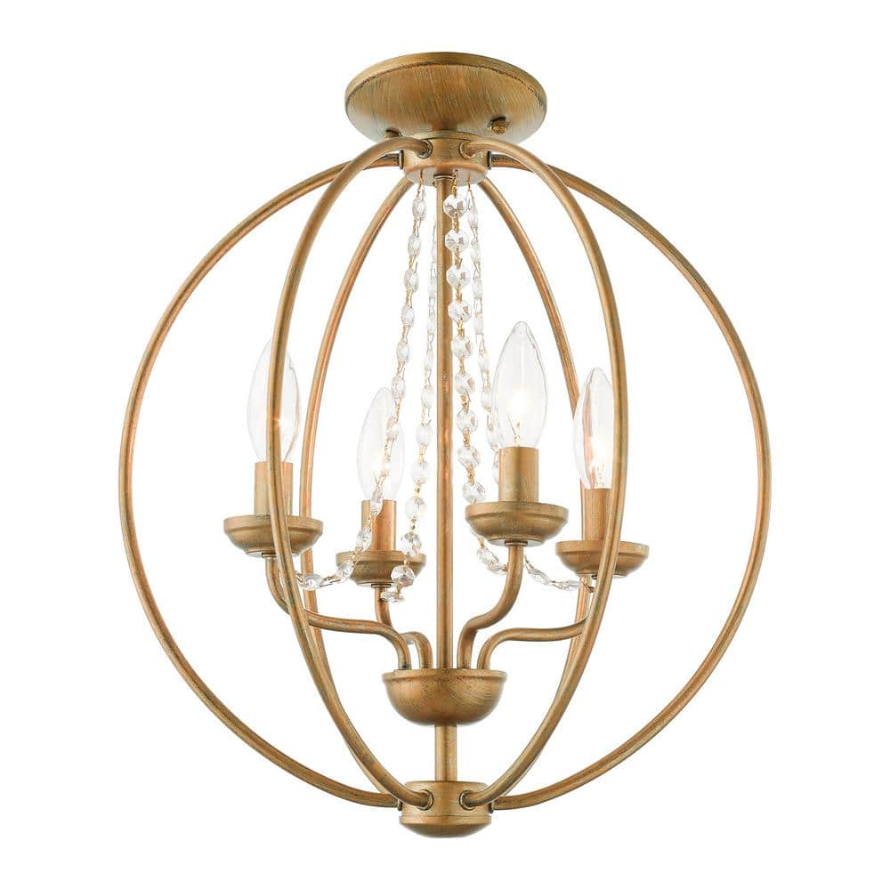 Antique Gold Leaf 4-Light Mini Chandelier with Draping Crystals