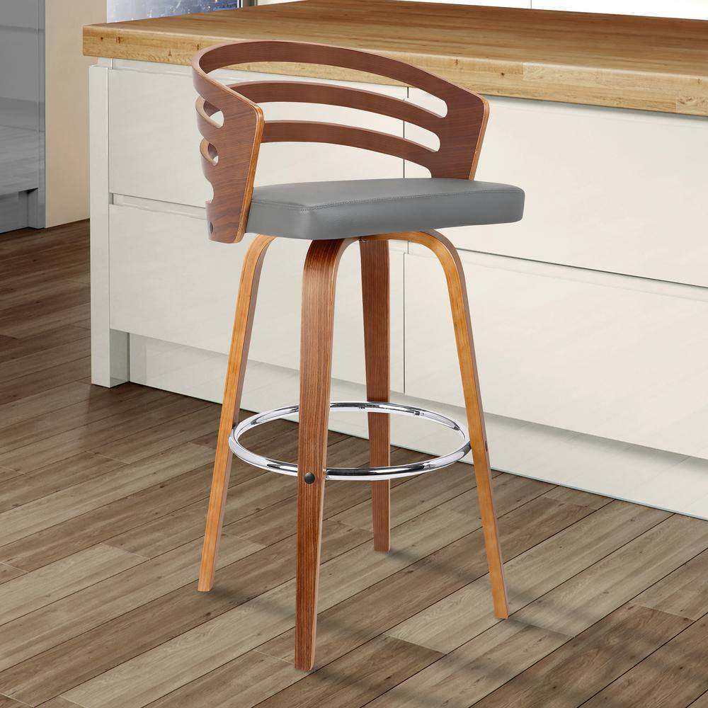 Jayden Gray Faux Leather and Walnut Swivel Bar Stool
