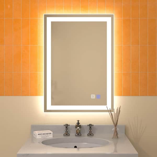 ES-DIY Derrin 20 in. W x 28 in. H Medium Rectangular Frameless Anti-Fog Dimmable LED Wall Bathroom Vanity Mirror in Silver