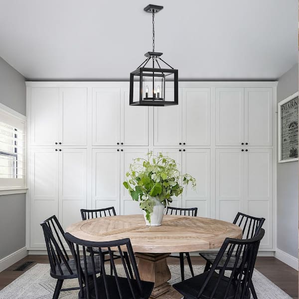Libtad 3-Light 15 in. W Industrial Matte Black Cage Convertible Pendant Light with Clear Glass for Foyer and Dining Room