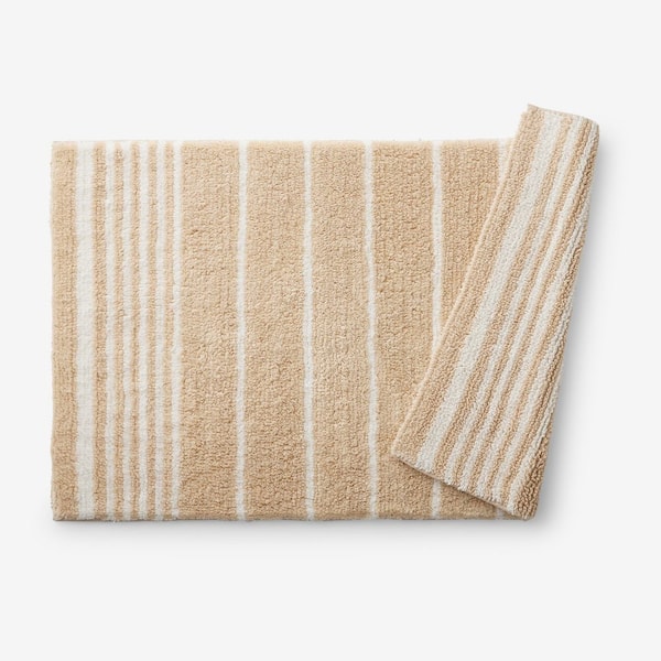 Company Cotton Plush Spa Stripe 17 in. x 24 in. Antique Beige Bath Rug