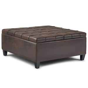 Harrison 36 in. Wide Transitional Square Coffee Table Storage Ottoman in Distressed Brown Faux Leather