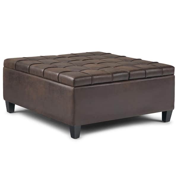 Simpli Home Harrison 36 in. Wide Transitional Square Coffee Table Storage Ottoman in Distressed Brown Faux Leather