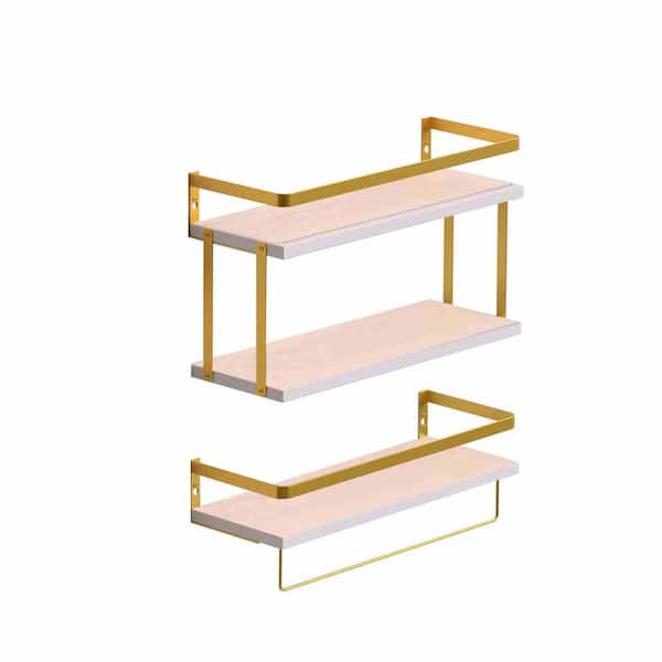 Unbranded 16 in. W x 6 in. D x 9.6 in. H Gold White Wood Floating Decorative Wall Shelf Set of 2