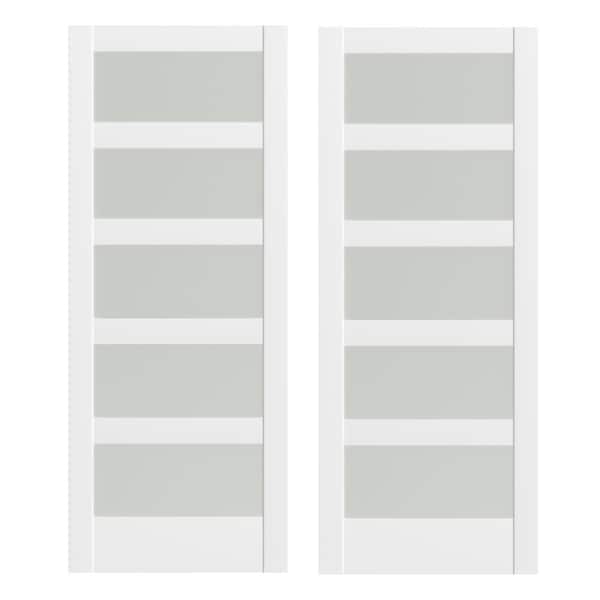 TENONER 64 in. x 80 in. (Double 32 in. W Doors) 5-Panel Frosted Glass, Painted White MDF Pocket Door Frame without Hardware