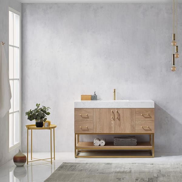 ROSWELL Alistair 48 in. Bath Vanity in North American Oak with Grain Stone Top in White with White Basin