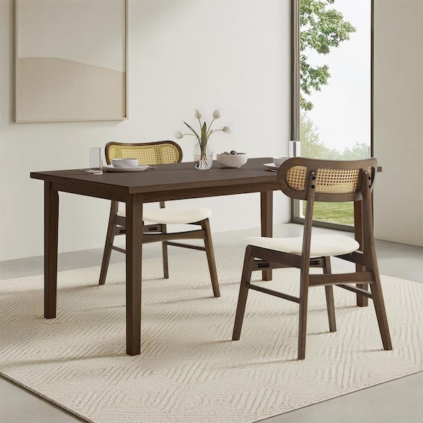 Dion Cream/Walnut Fabric Handcrafted Modern Upholstered Dining Chairs with Woven Low Back for Dinning Room (Set of 2)