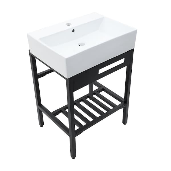 23 in. White Freestanding Rectangular Bathroom Ceramic Console Sink with Leg Combo in Matte Black