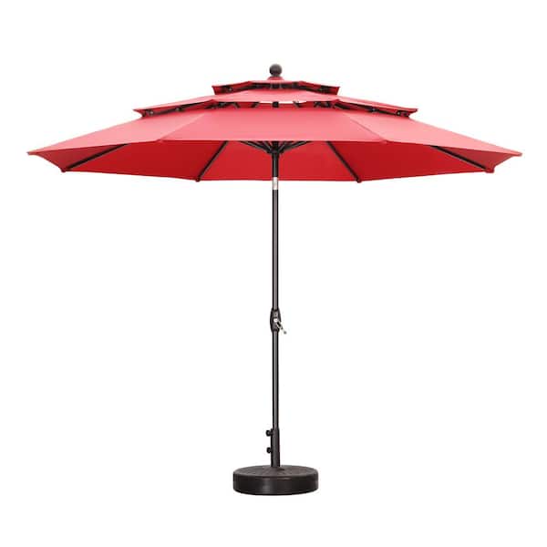 OVASTLKUY 10 ft. 3-Tier Market Outdoor Patio Umbrella in Red with Base