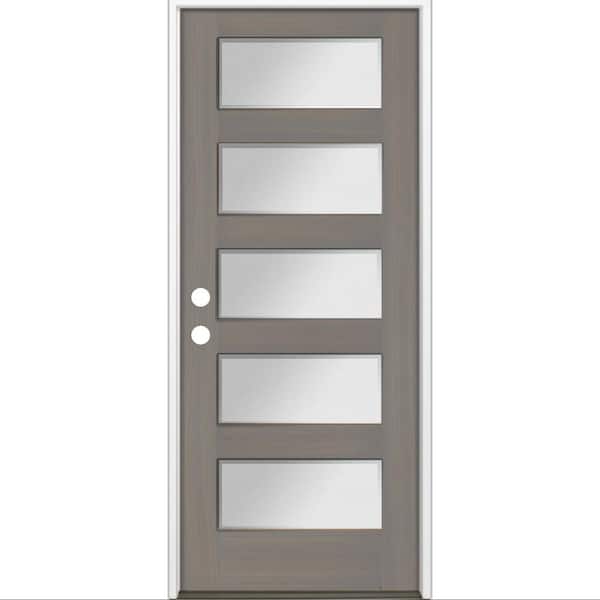 Krosswood Doors 36 in. x 80 in. Modern Douglas Fir 5-Lite Right-Hand/Inswing Frosted Glass Grey Stain Wood Prehung Front Door