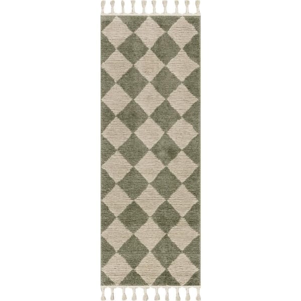 Aylin Diamond Tasseled Green 3 ft. x 8 ft. Indoor Runner Rug