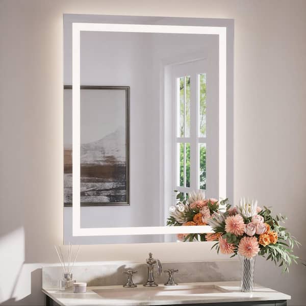 28 in. W x 36 in. H Rectangular Frameless LED Anti-Fog Mirror Wall Mount Bathroom Vanity Mirror with Frontlit & Backlit