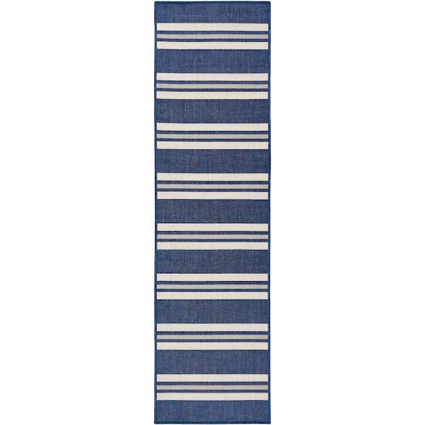 Horizon Indoor/Outdoor Navy 2 ft. x 6 ft. Stripes Contemporary Runner Area Rug