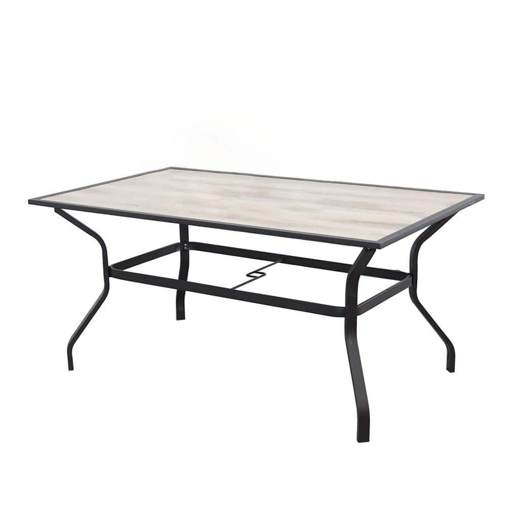 Rectangular Wood 28.75 in. Outdoor Dining Table Waterproof Patio Picnic Table with Umbrella Hole (Beige and Black)