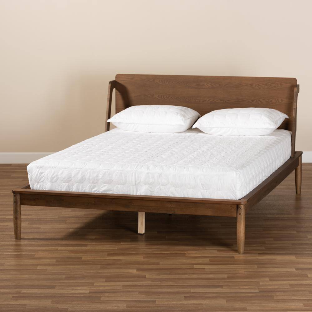 Queen Walnut Wood Frame Upholstered Platform Bed with Tufted Headboard