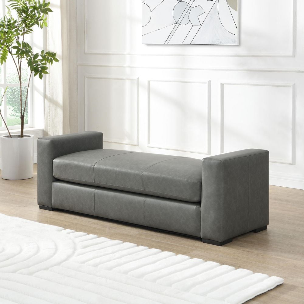 Huller Modern Grey Faux Leather Rectangle Ottoman Bench with Recessed Arms