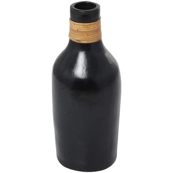 Litton Lane 19 in. Black Ceramic Decorative Vase with Wrapped Rattan Detailing