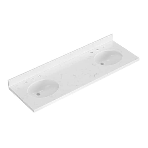 ARIEL 66 in. W x 22 in. D in Carrara White Quartz with 1.5 in Thick Milter Edge with Round Double Sink Vanity Top in White
