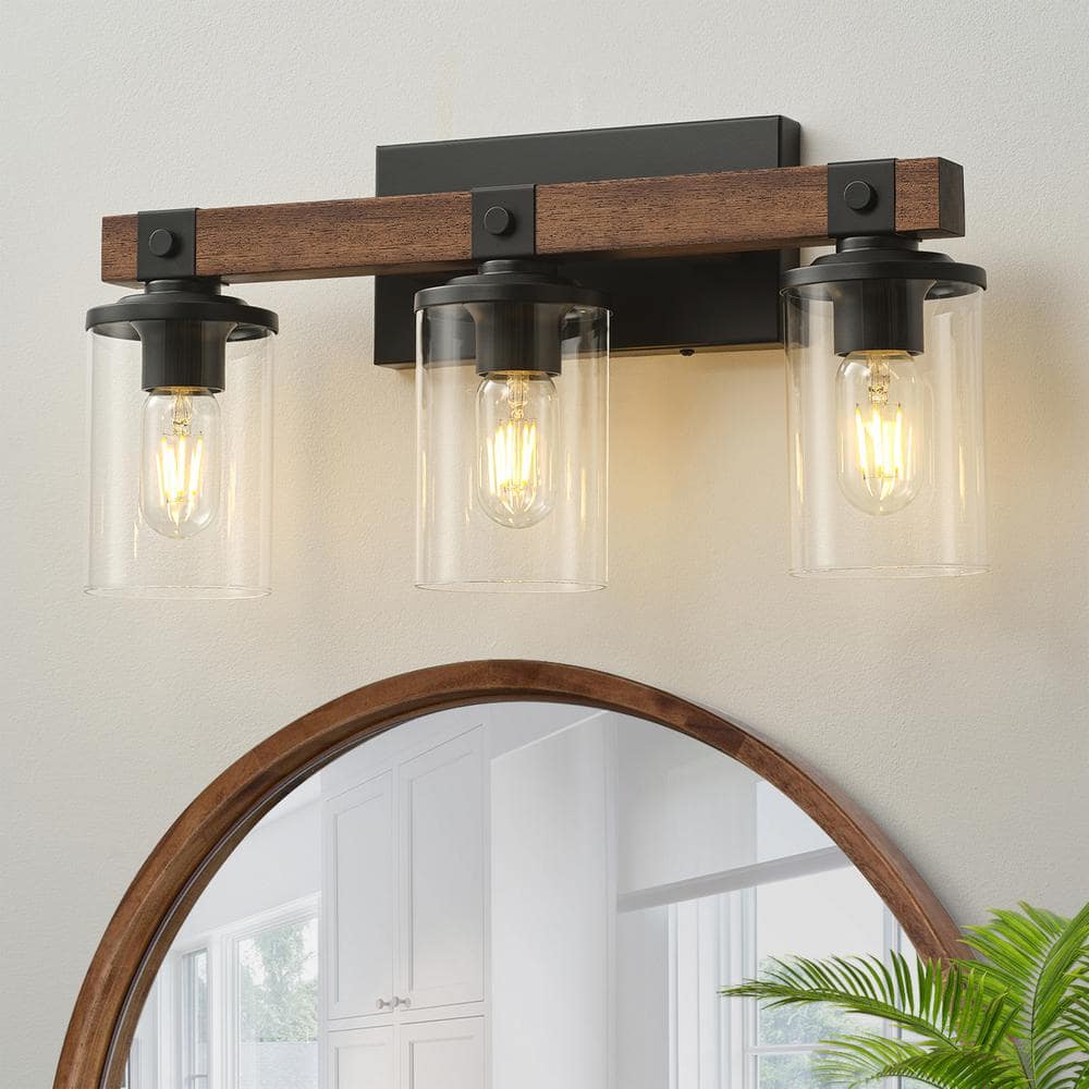 19.88 in. 3-Lights Black and Brown Wood Rustic Farmhouse Bathroom Vanity Li