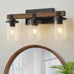 19.88 in. 3-Lights Black and Brown Wood Rustic Farmhouse Bathroom Vanity Light with Cylinder Glass Shade