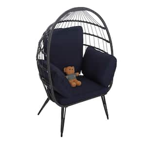 Black Wicker Steel Frame Outdoor Egg Lounge Chair with Dark Blue Cushion